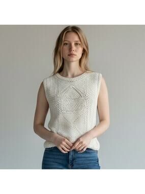 Vanessa Bruno Crochet Knit Tank Top Ivory 100% Cotton Sleeveless Boho Size S